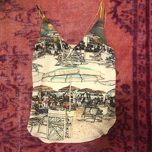 Amanda Uprichard Silk Beach Print Tank Top